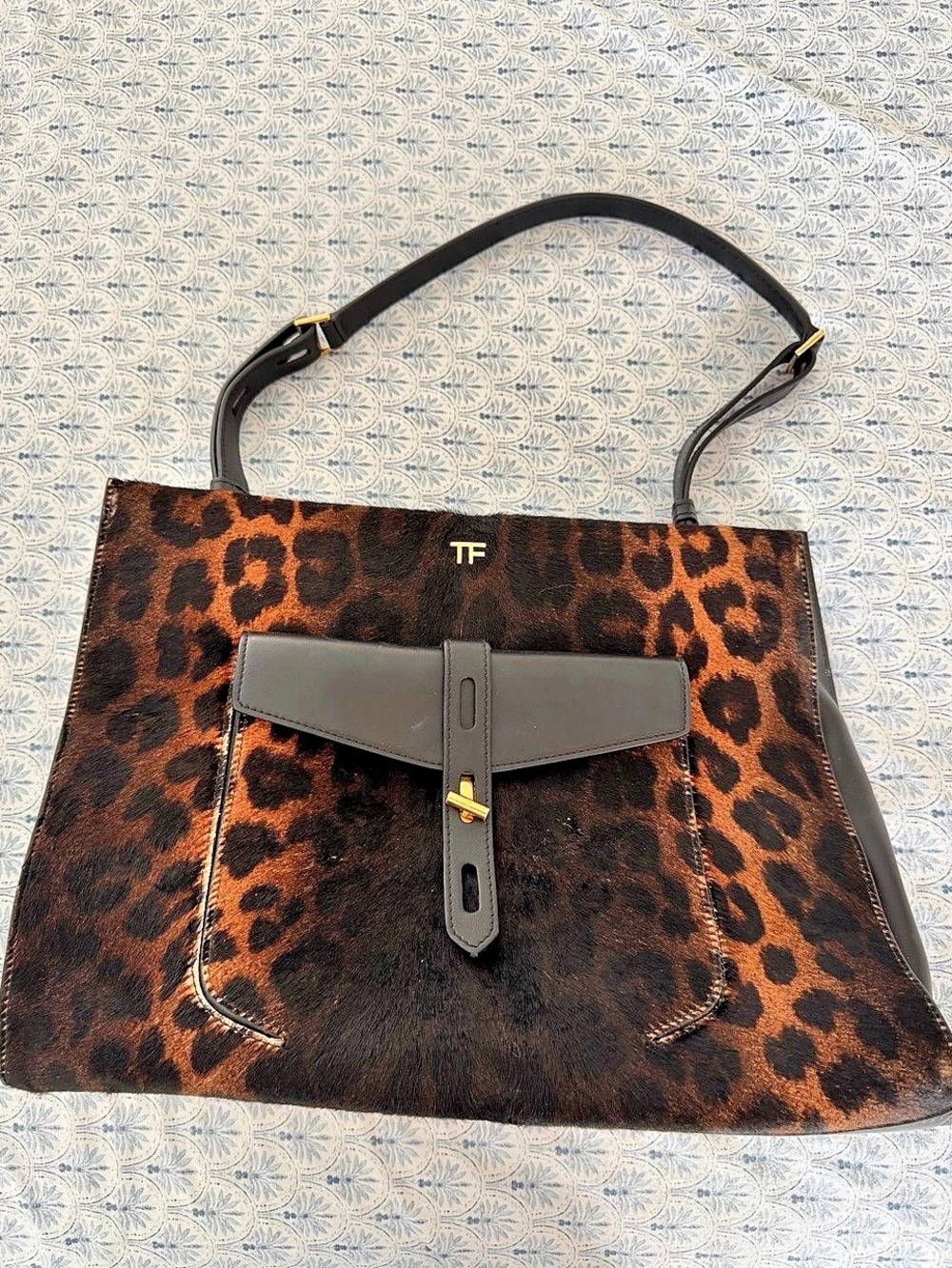Tom Ford Leopard Print Hair Calf Medium Tote Bag in Brown & Black